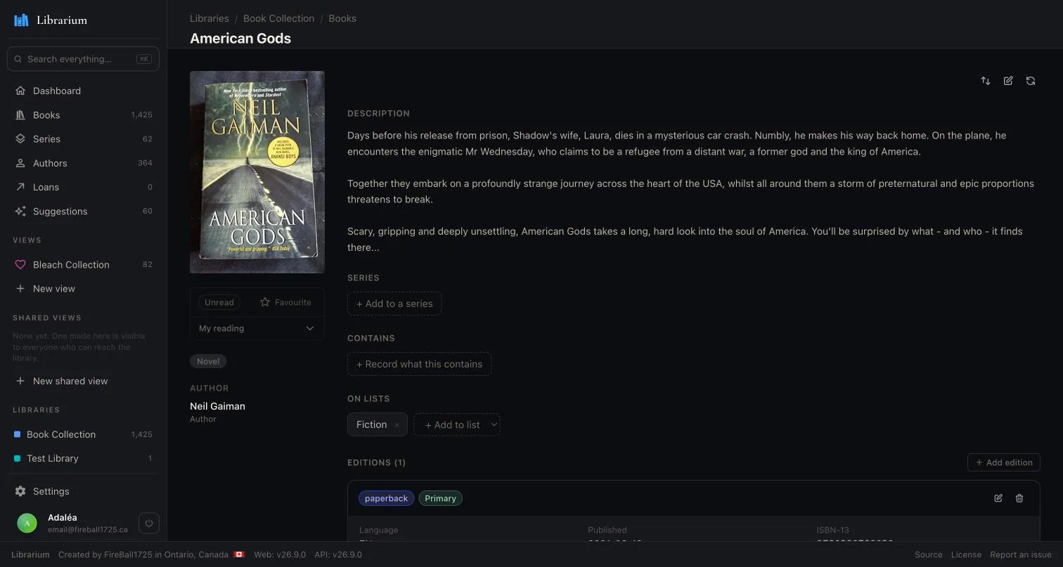 A single book with its cover, description, author, reading status and the lists it belongs to