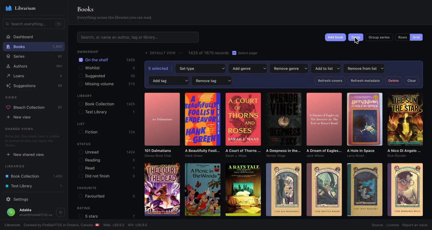 Several books selected at once, with actions to set type, genre, tags, lists and refresh their metadata