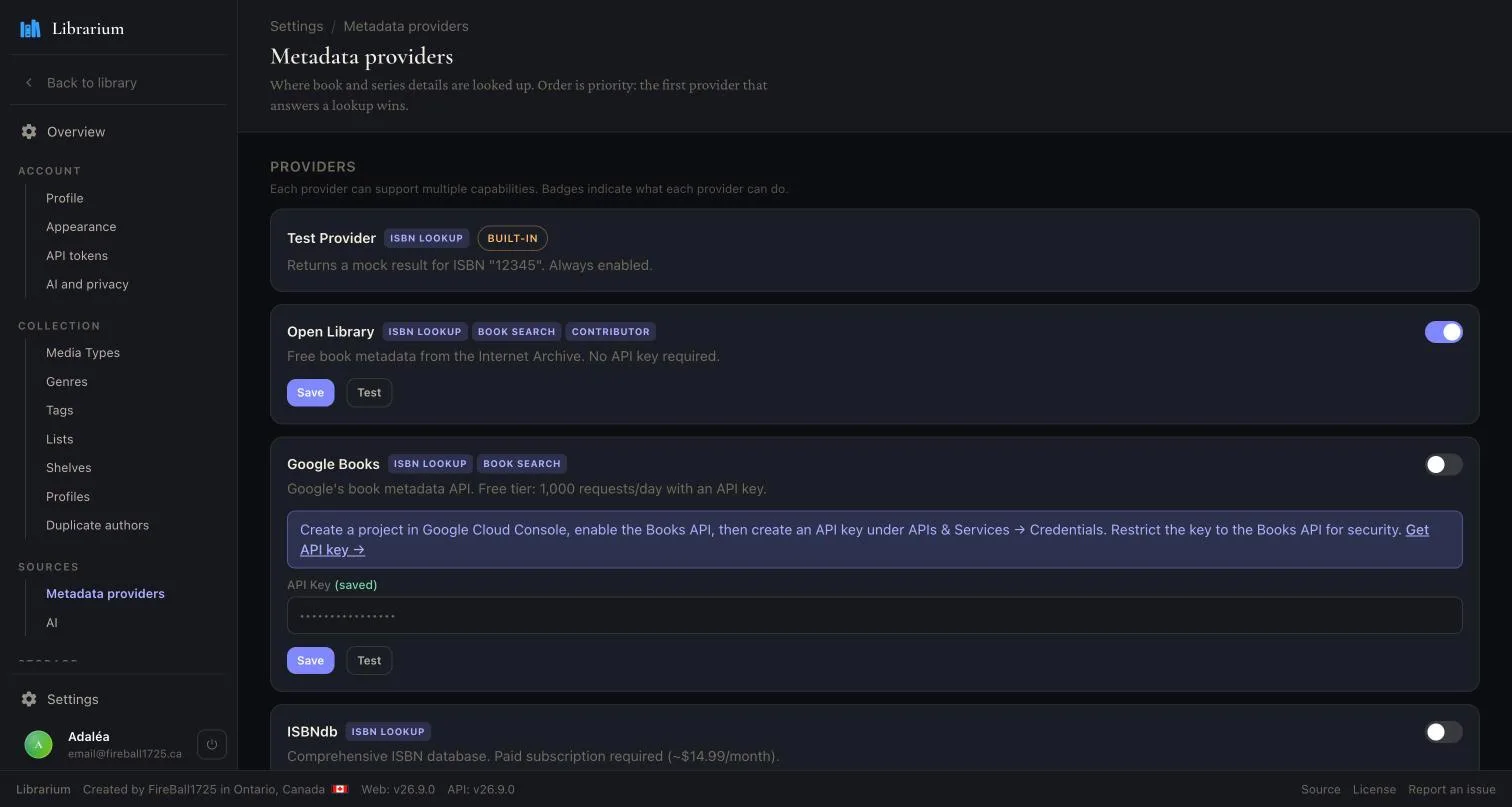 Metadata providers in priority order, each toggled on or off with its own API key