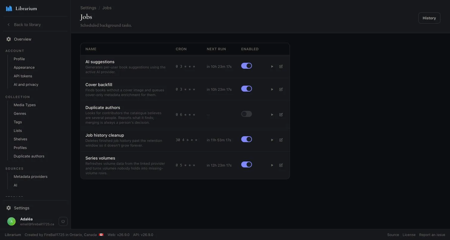 Background jobs on a cron schedule, with the next run time and a switch for each