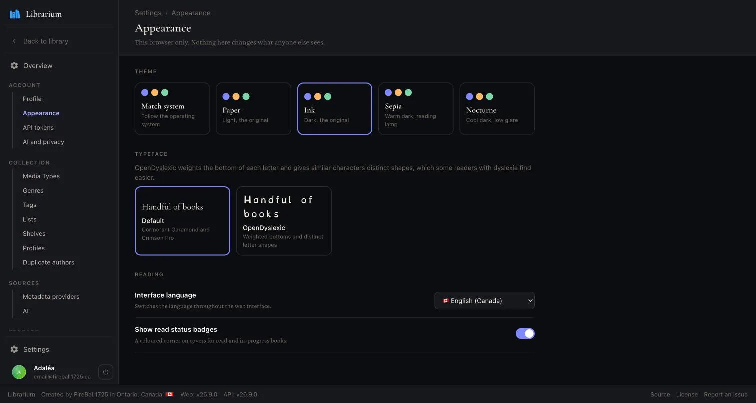 Appearance settings with five themes, an OpenDyslexic typeface option and interface language